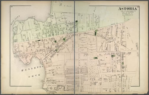 This 1873 Beers Map of Astoria shows how rapidly the village grew after being incorporated. Courtesy of the New York Public Library.