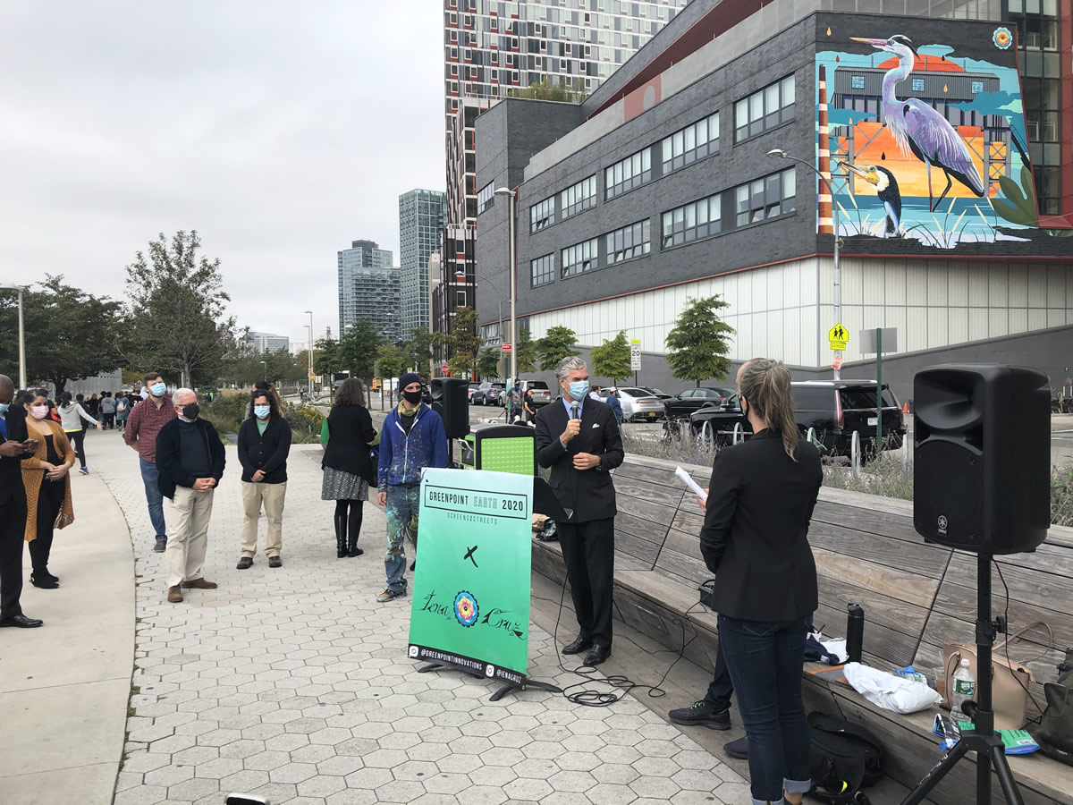 Mural depicting Newtown Creek, a dark past and hopefully a bright future