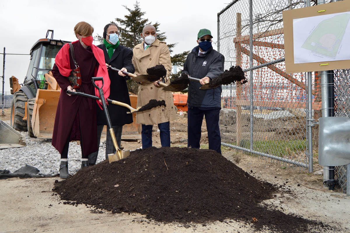 Whitey Ford Field ground breaking ceremony with Queens Borough President Donovan Richards, Councilmember Costa Constantinides​, Community Board Chair Marie Torniali and Queens parks Commissioner Michael Dockett.