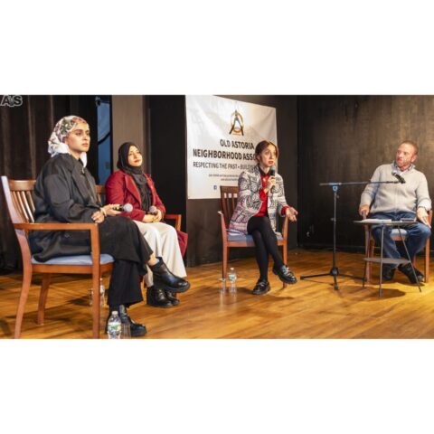 Rana Abdelhamid, Mary Jobaida, and Diana Moreno participating in OANA’s community debate, moderated by Richard Khuzami, with live questions from Astoria residents.